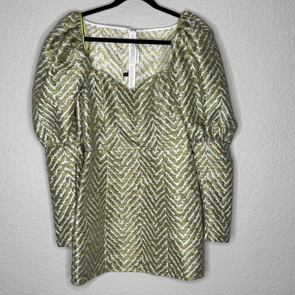 Rotate Puff Sleeve Jacquard Mini Dress Metallic 10 Holiday New Years Going Out - Picture 2 of 13